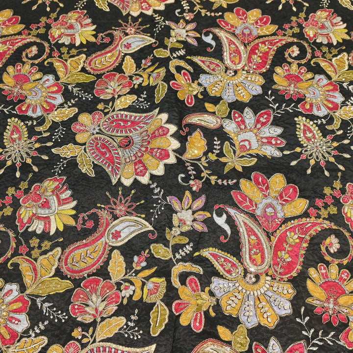 Premium Crepe Position Print Zari & Sequins Embroidery Designer Fabric | DN9465-4