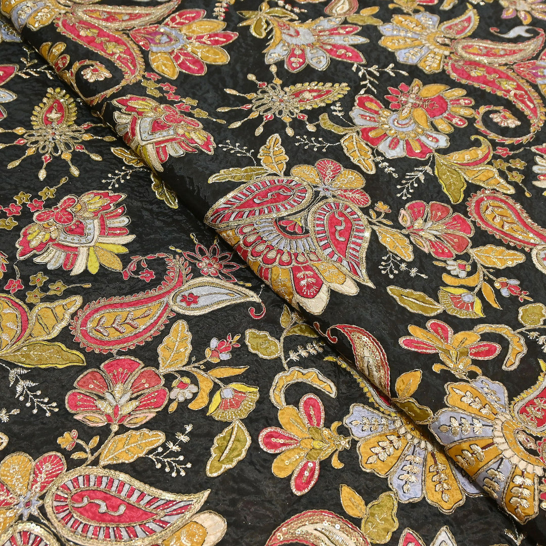 Premium Crepe Position Print Zari & Sequins Embroidery Designer Fabric | DN9465-4