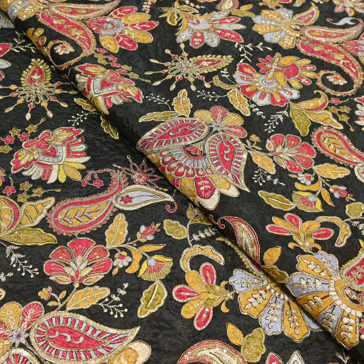 Premium Crepe Position Print Zari & Sequins Embroidery Designer Fabric | DN9465-4