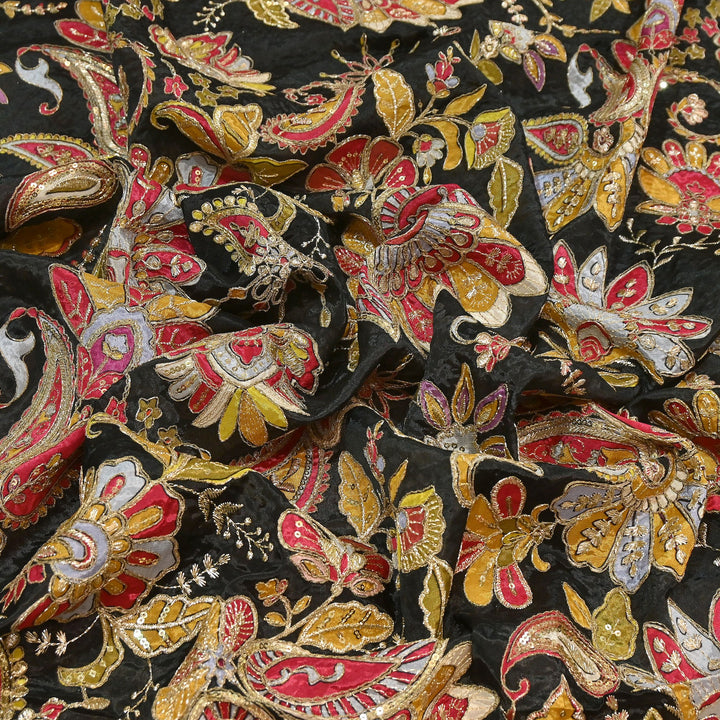 Premium Crepe Position Print Zari & Sequins Embroidery Designer Fabric | DN9465-4