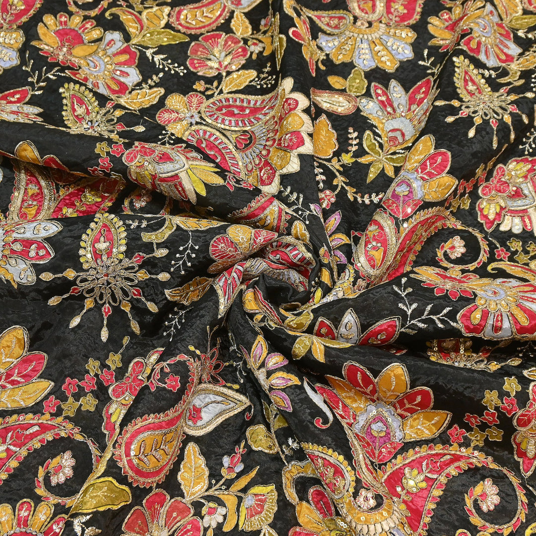 Premium Crepe Position Print Zari & Sequins Embroidery Designer Fabric | DN9465-4