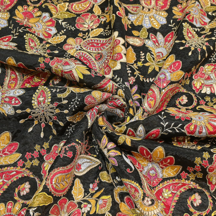 Premium Crepe Position Print Zari & Sequins Embroidery Designer Fabric | DN9465-4