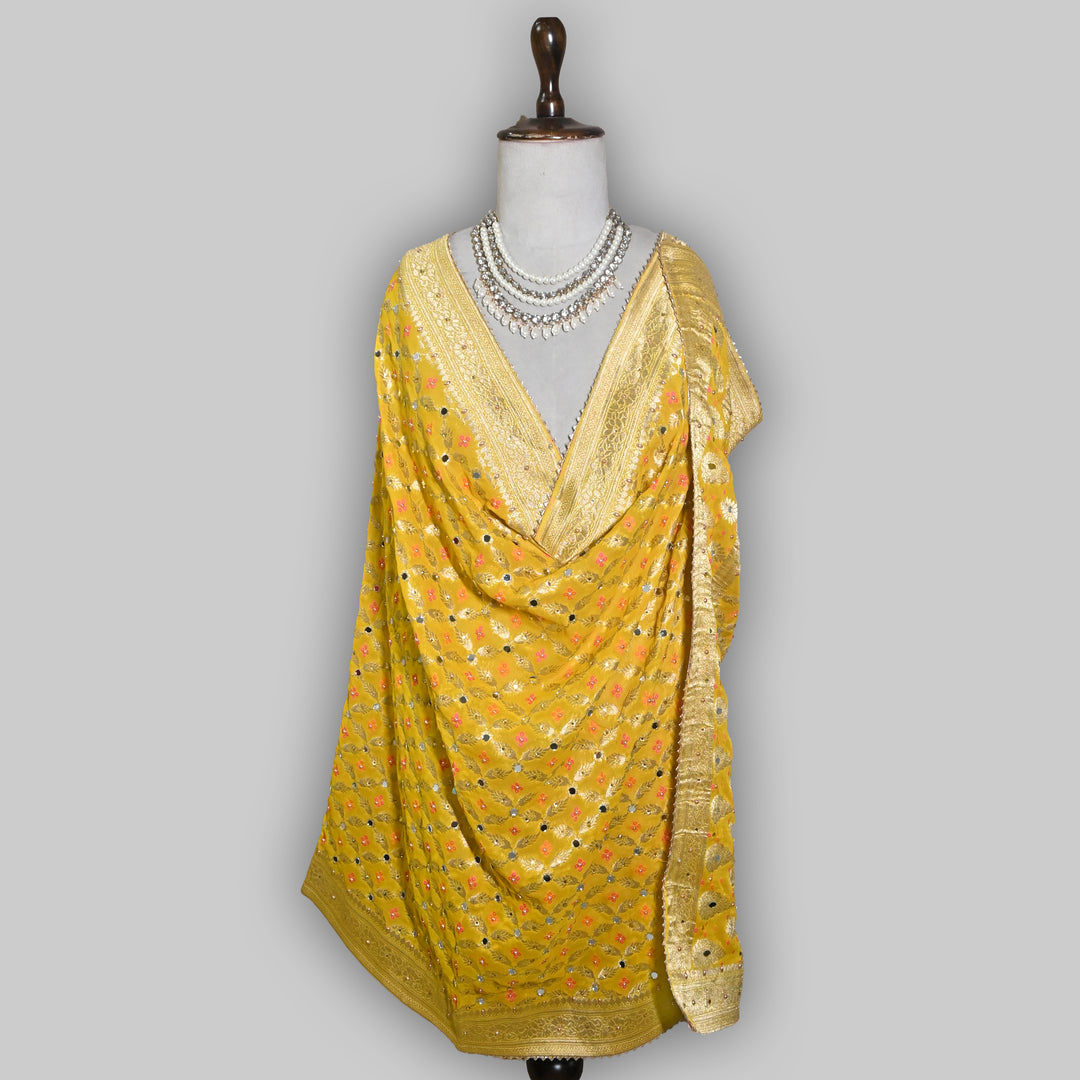 Mustard Yellow Georgette Bandhani Dupatta with Mirror Work | Designer Ethnic Dupatta for Festive & Wedding Wear