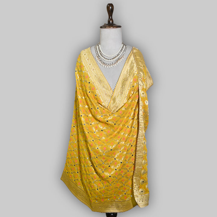 Mustard Yellow Georgette Bandhani Dupatta with Mirror Work | Designer Ethnic Dupatta for Festive & Wedding Wear