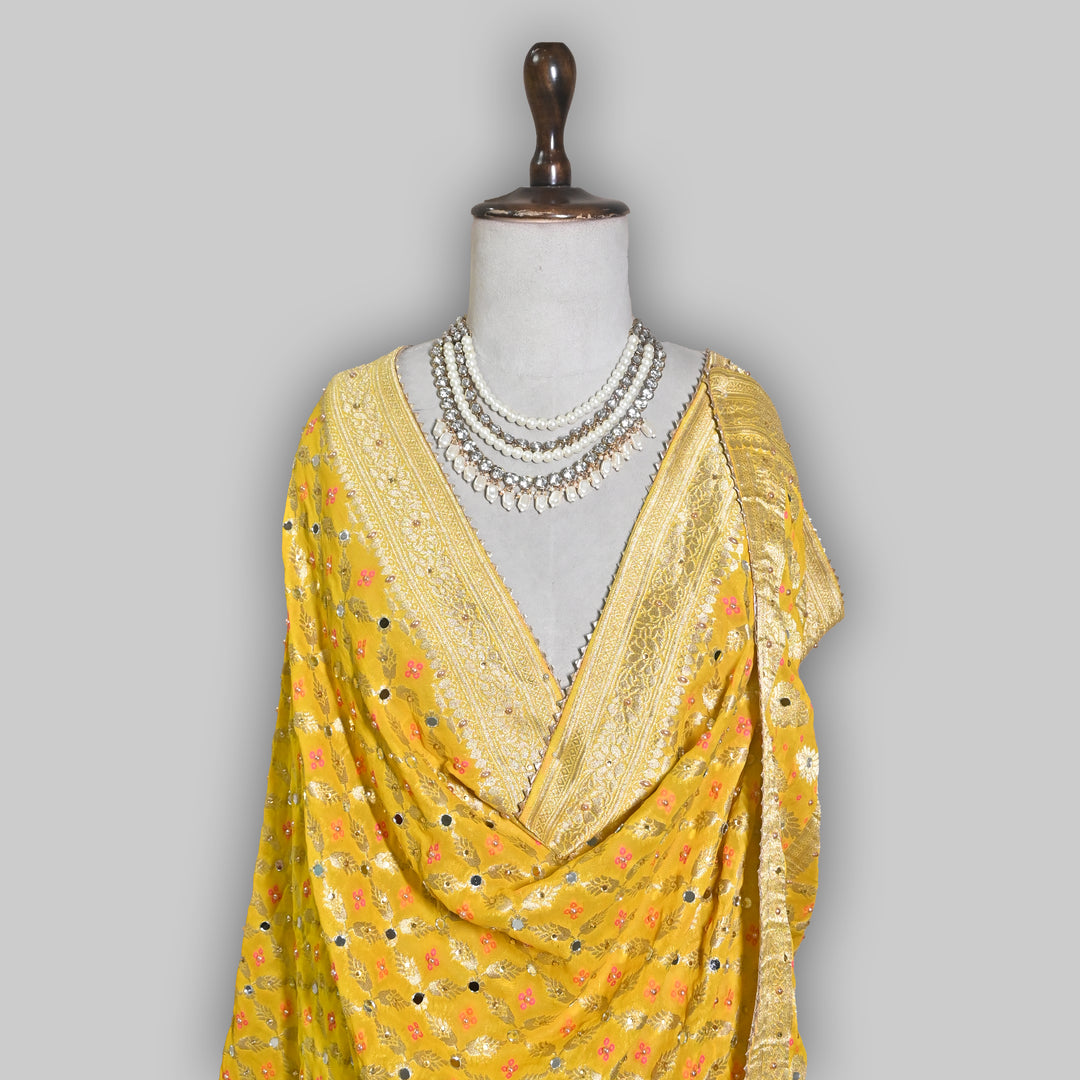 Mustard Yellow Georgette Bandhani Dupatta with Mirror Work | Designer Ethnic Dupatta for Festive & Wedding Wear