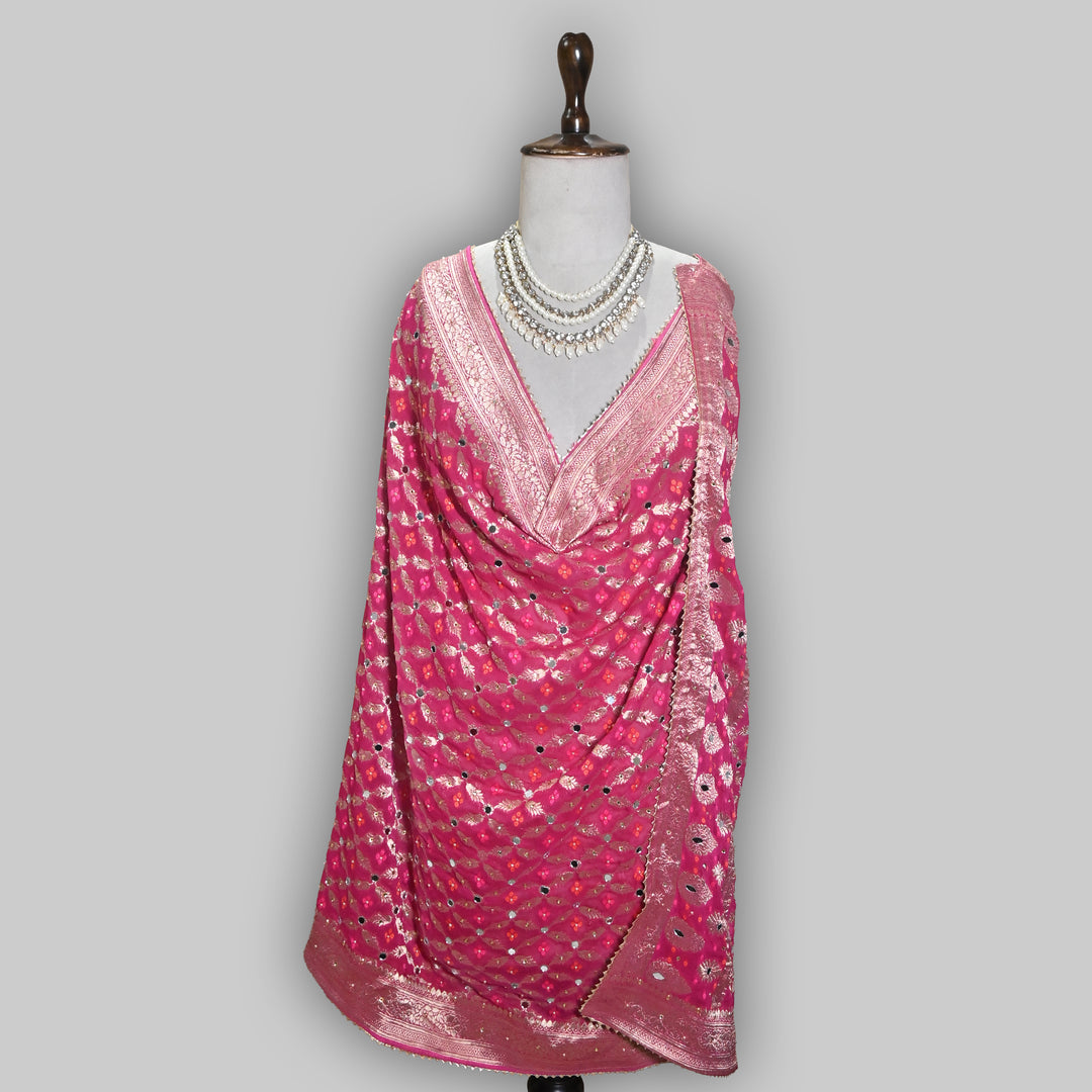 Rani Pink Georgette Bandhani Dupatta with Mirror Work | Designer Ethnic Dupatta for Festive & Wedding Wear