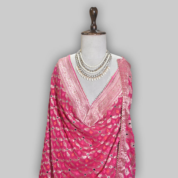 Rani Pink Georgette Bandhani Dupatta with Mirror Work | Designer Ethnic Dupatta for Festive & Wedding Wear