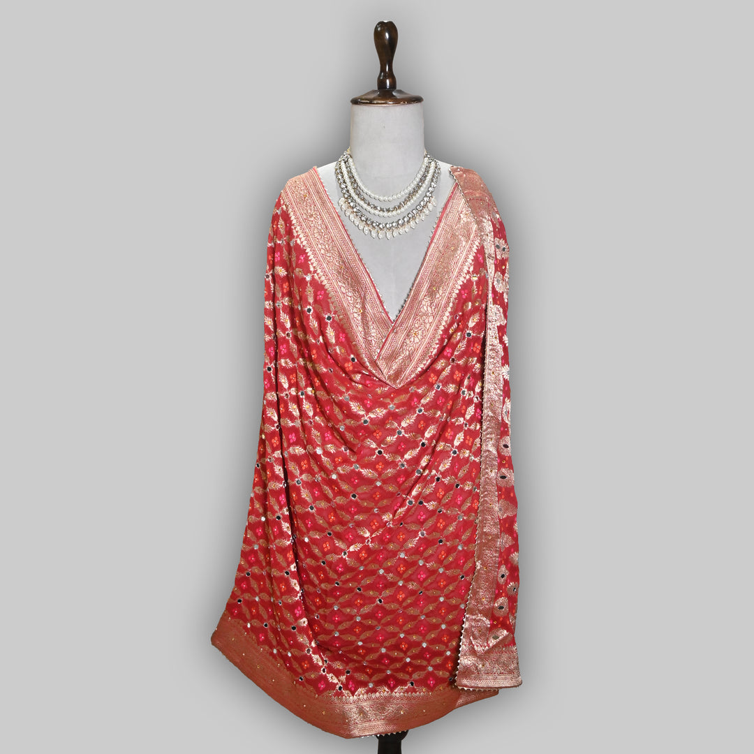 Red Color Georgette Bandhani Dupatta with Mirror Work | Designer Ethnic Dupatta for Festive & Wedding Wear