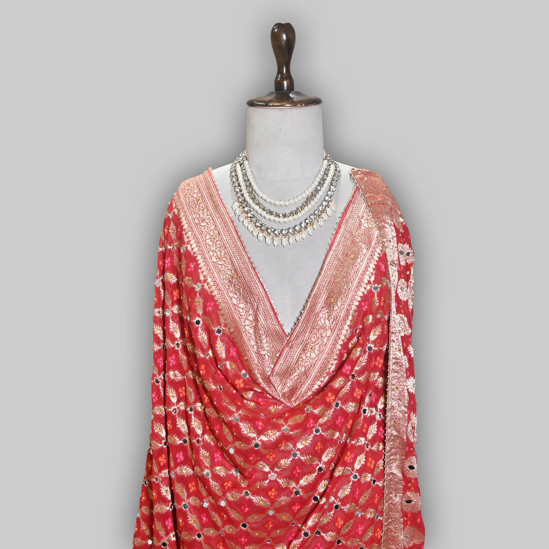 Red Color Georgette Bandhani Dupatta with Mirror Work | Designer Ethnic Dupatta for Festive & Wedding Wear