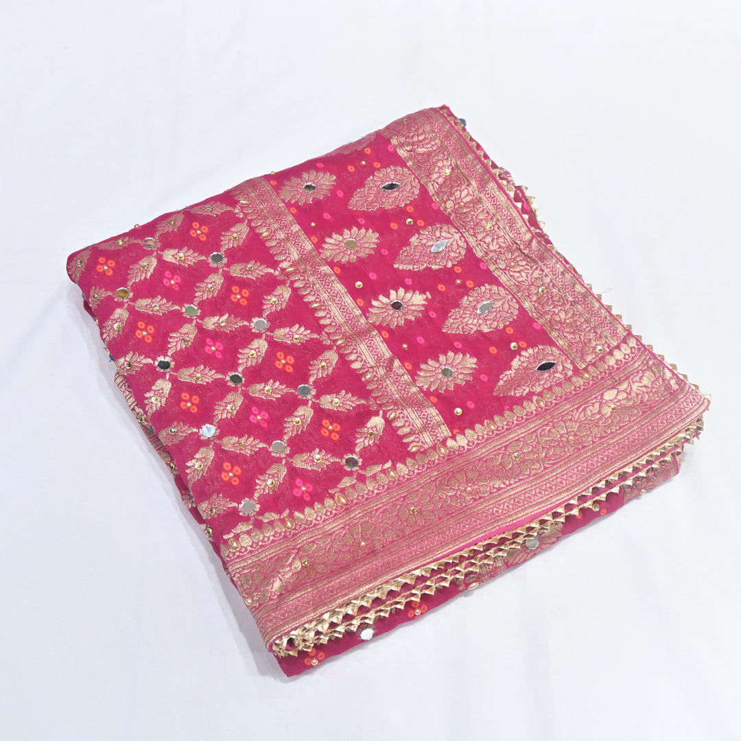 Rani Pink Georgette Bandhani Dupatta with Mirror Work | Designer Ethnic Dupatta for Festive & Wedding Wear