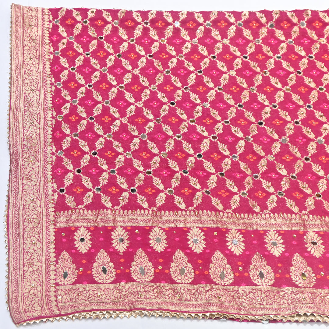 Rani Pink Georgette Bandhani Dupatta with Mirror Work | Designer Ethnic Dupatta for Festive & Wedding Wear