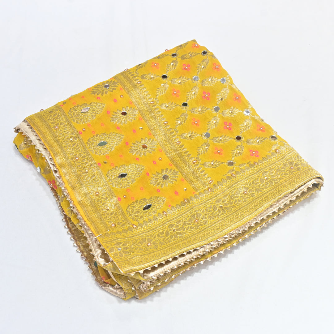 Mustard Yellow Georgette Bandhani Dupatta with Mirror Work | Designer Ethnic Dupatta for Festive & Wedding Wear