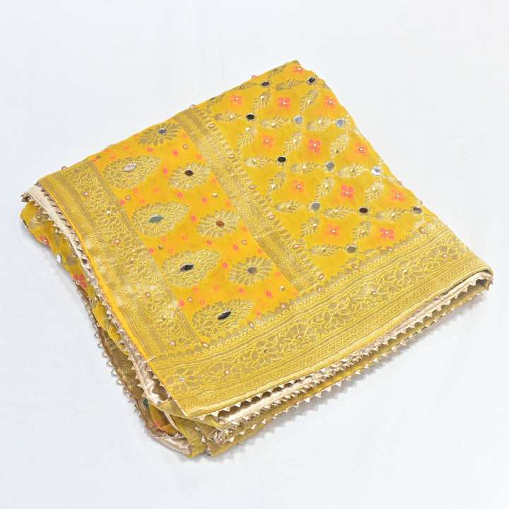 Mustard Yellow Georgette Bandhani Dupatta with Mirror Work | Designer Ethnic Dupatta for Festive & Wedding Wear