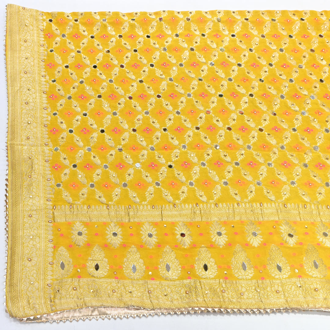 Mustard Yellow Georgette Bandhani Dupatta with Mirror Work | Designer Ethnic Dupatta for Festive & Wedding Wear