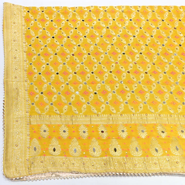 Mustard Yellow Georgette Bandhani Dupatta with Mirror Work | Designer Ethnic Dupatta for Festive & Wedding Wear