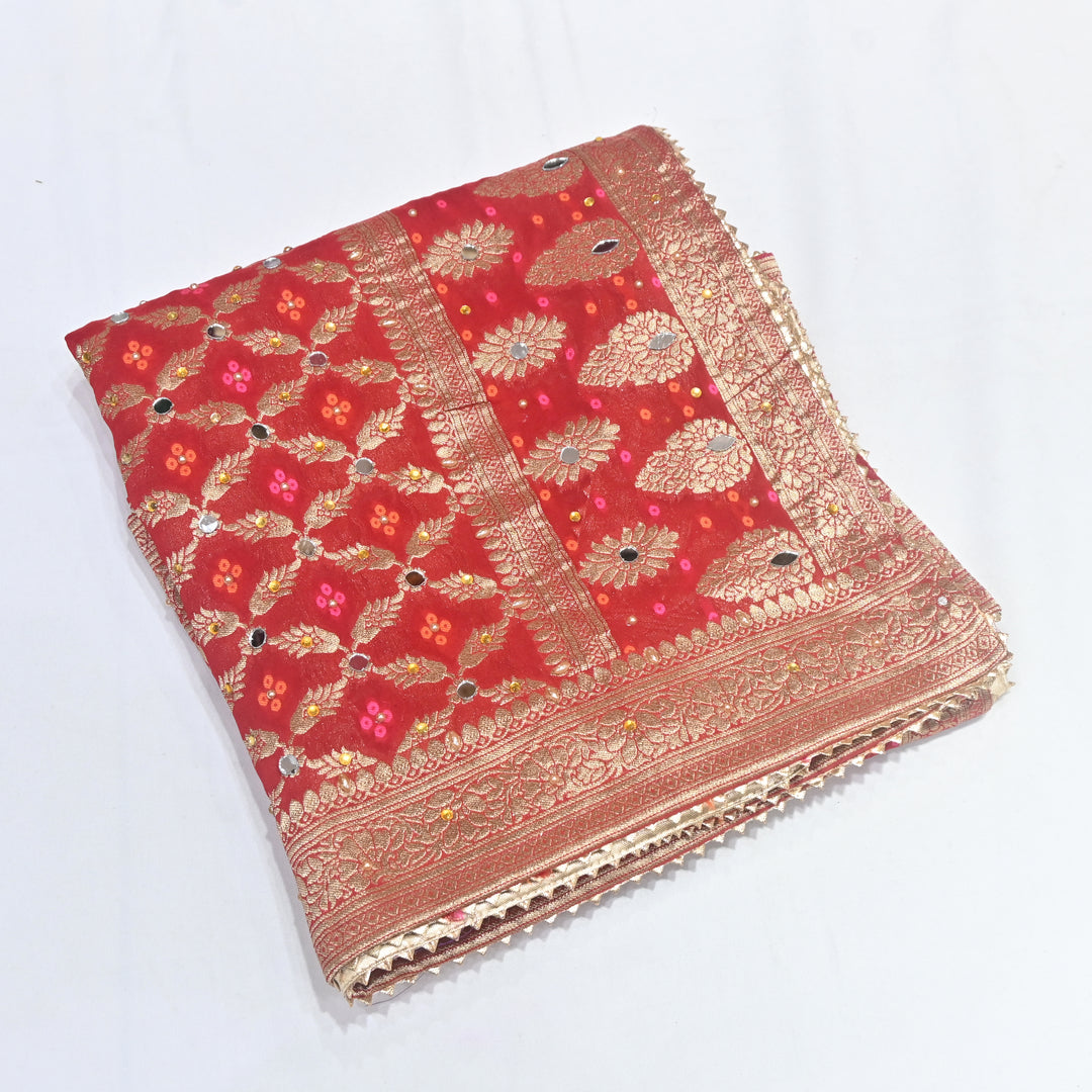 Red Color Georgette Bandhani Dupatta with Mirror Work | Designer Ethnic Dupatta for Festive & Wedding Wear
