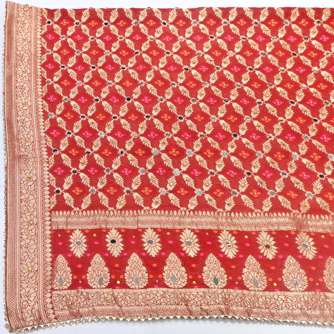 Red Color Georgette Bandhani Dupatta with Mirror Work | Designer Ethnic Dupatta for Festive & Wedding Wear