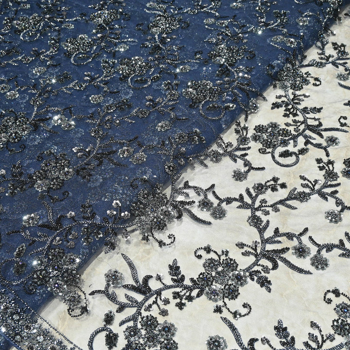 Premium Imported Net Sequins & Beads Embroidery Fabric – Heavy Floral Designer Net Fabric |D88569