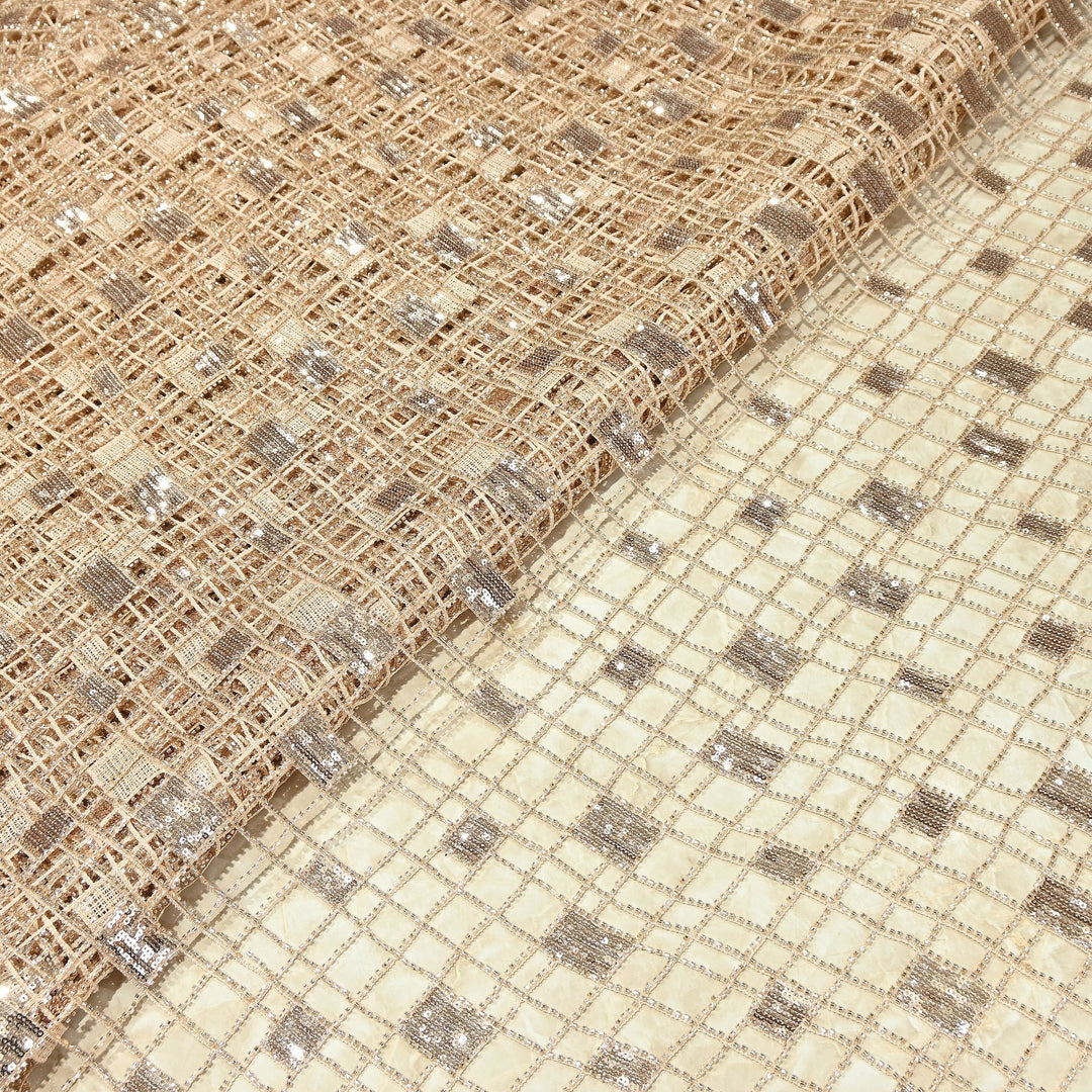 Premium Imported Net Sequins Embroidery Fabric – Gold Geometric Check Designer Net Fabric |E18209-1