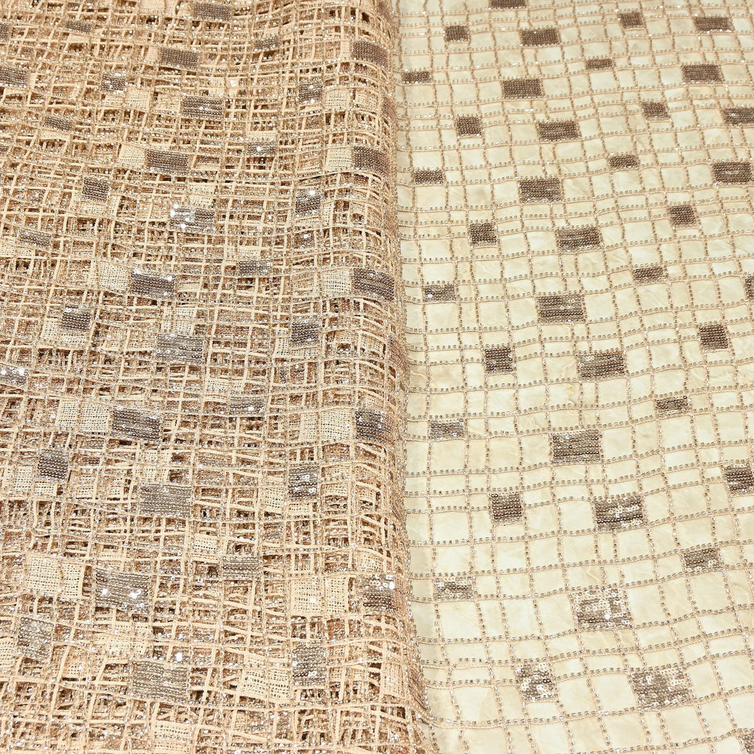 Premium Imported Net Sequins Embroidery Fabric – Gold Geometric Check Designer Net Fabric |E18209-1