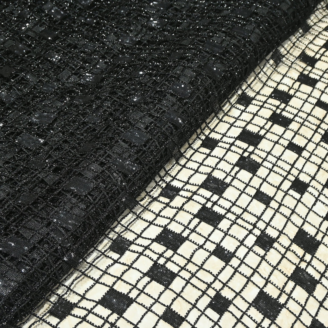 Premium Imported Net Sequins Embroidery Fabric – Gold Geometric Check Designer Net Fabric |E18209-2