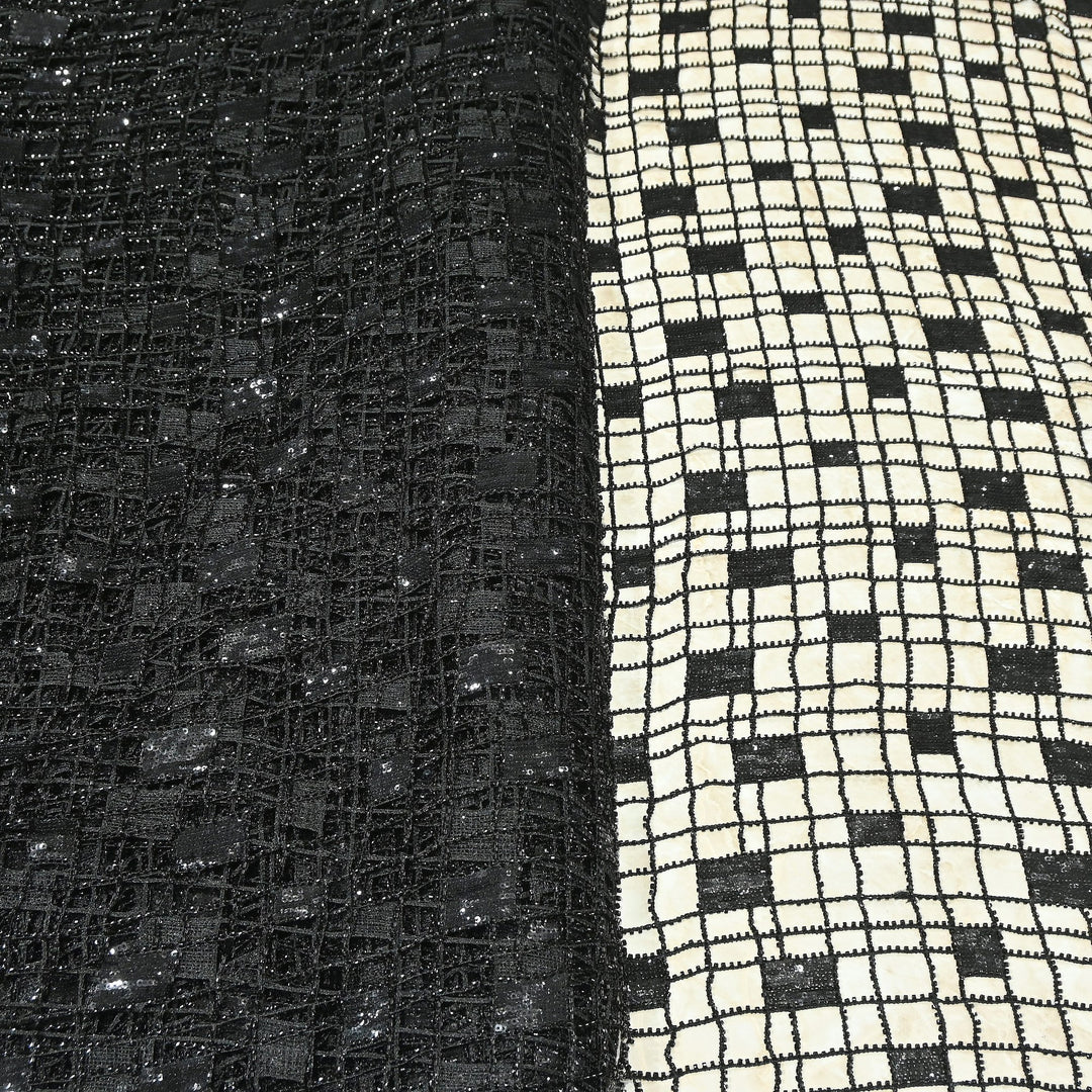 Premium Imported Net Sequins Embroidery Fabric – Gold Geometric Check Designer Net Fabric |E18209-2