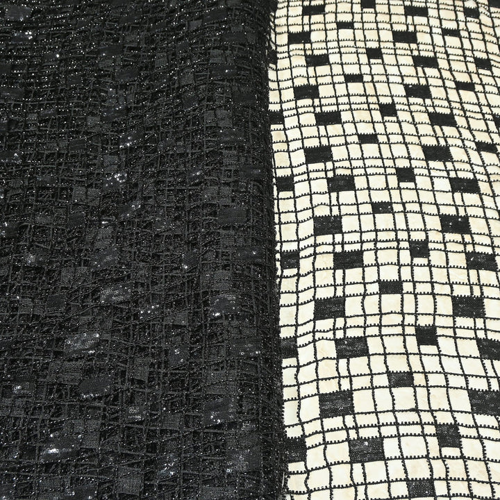 Premium Imported Net Sequins Embroidery Fabric – Gold Geometric Check Designer Net Fabric |E18209-2