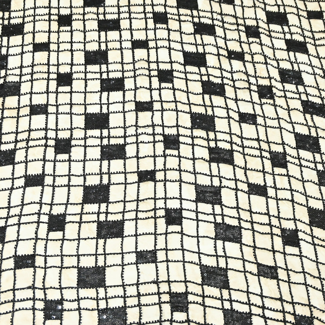 Premium Imported Net Sequins Embroidery Fabric – Gold Geometric Check Designer Net Fabric |E18209-2