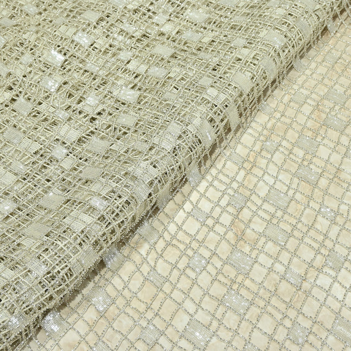 Premium Imported Net Sequins Embroidery Fabric – Gold Geometric Check Designer Net Fabric |E18209-3