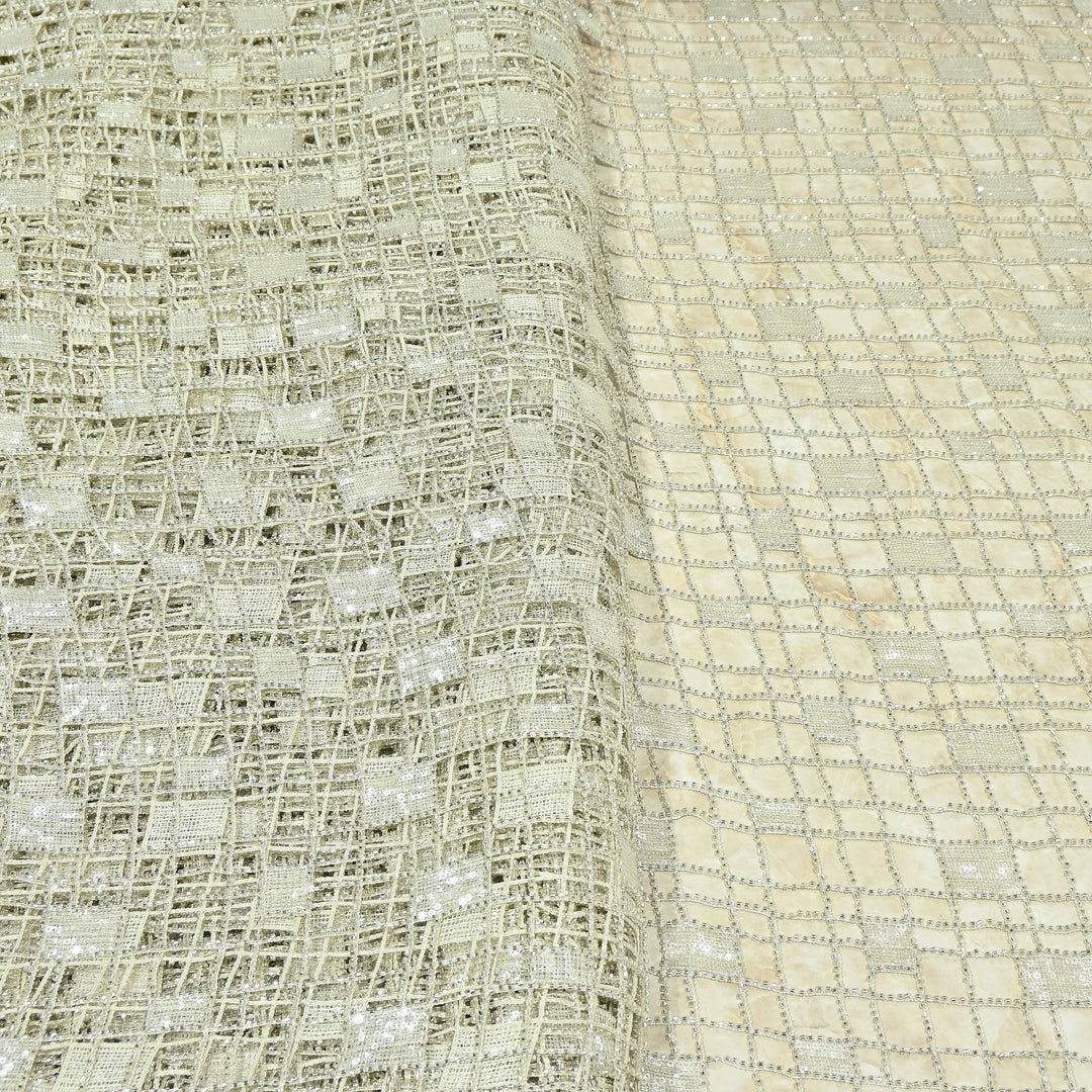 Premium Imported Net Sequins Embroidery Fabric – Gold Geometric Check Designer Net Fabric |E18209-3