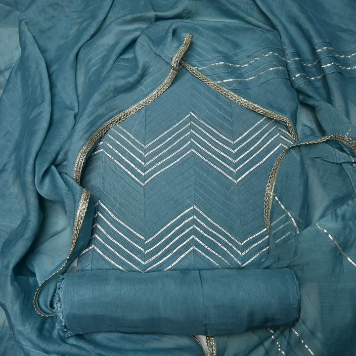 Pure Silk Chanderi Gota Patti Printex Unstitched Suit Set
