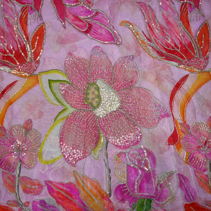 Elite Organza Position Print Fabric with Zari & Sequin Embroidery