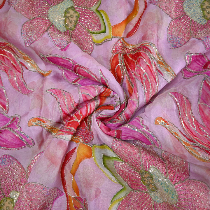 Elite Organza Position Print Fabric with Zari & Sequin Embroidery