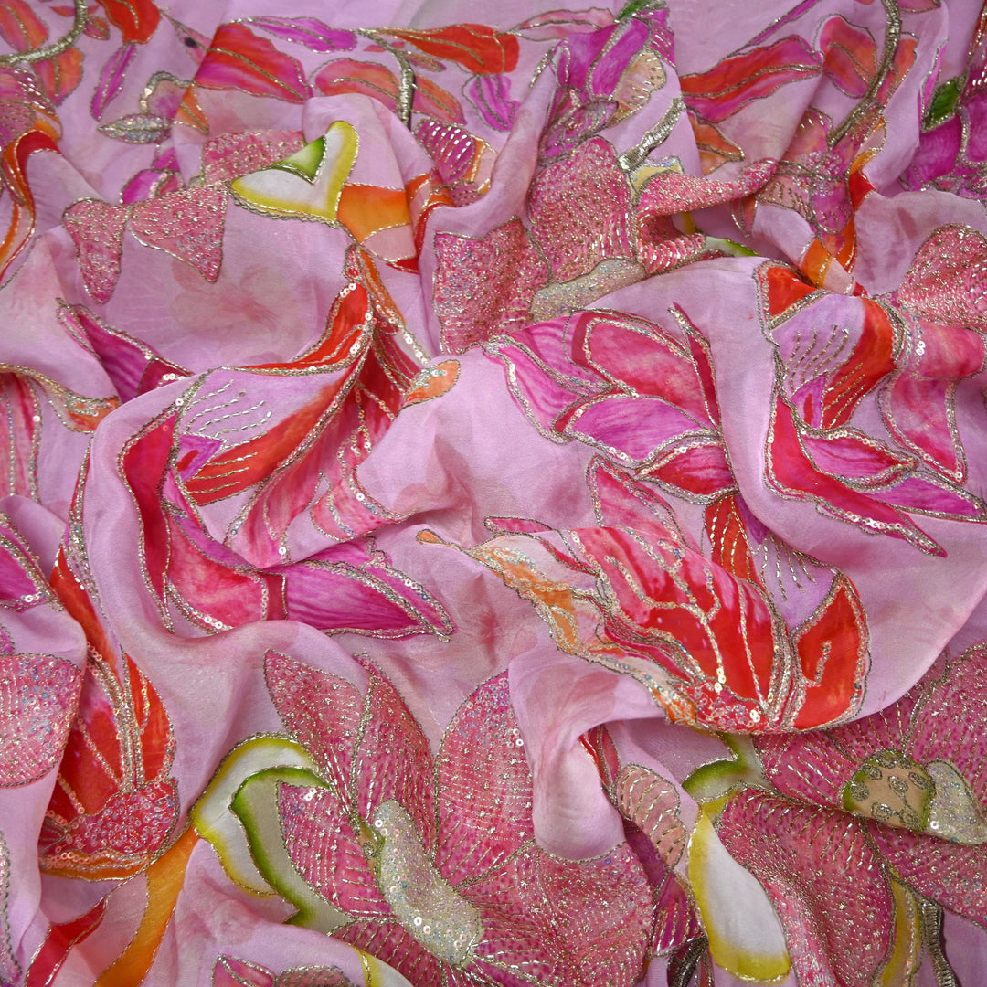 Elite Organza Position Print Fabric with Zari & Sequin Embroidery