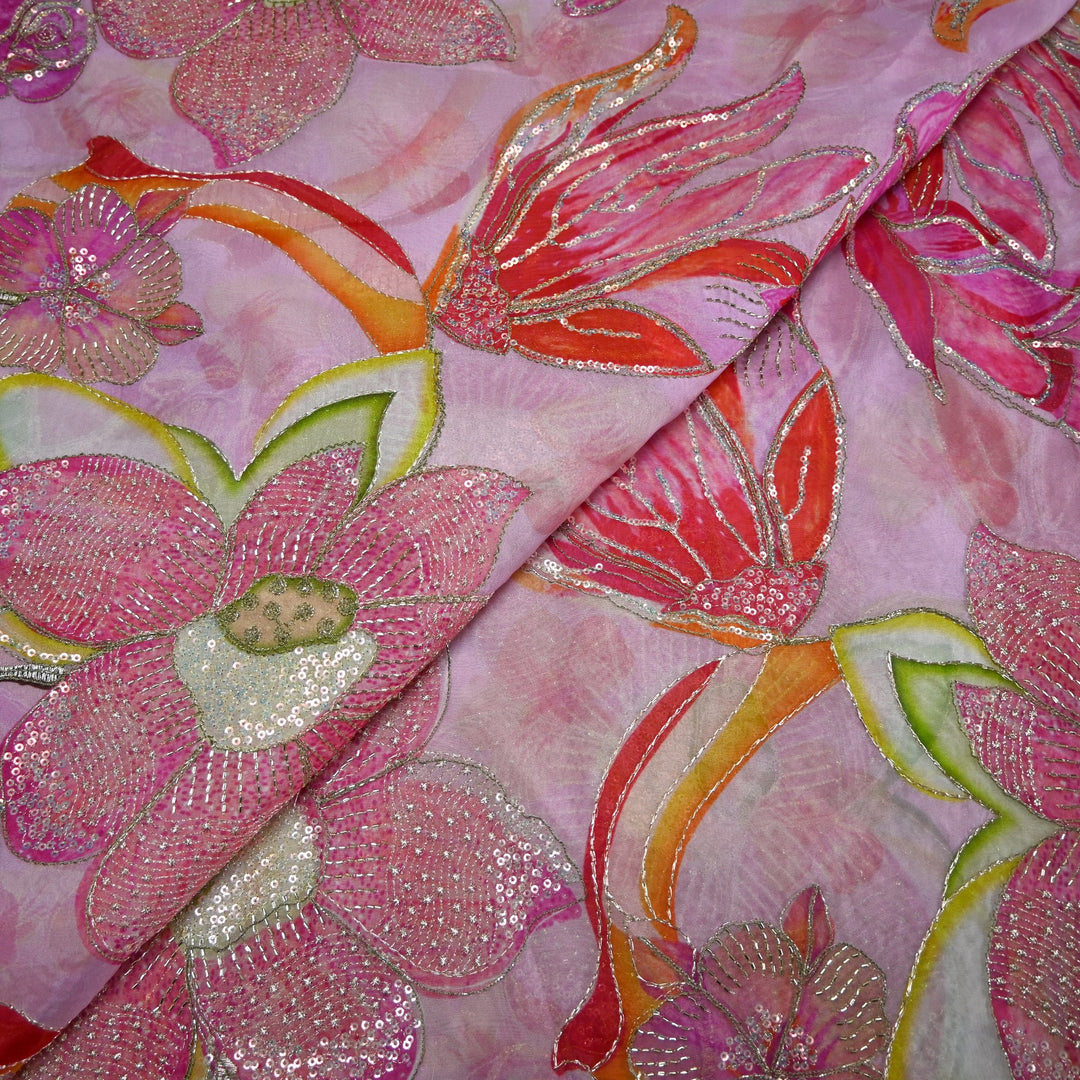 Elite Organza Position Print Fabric with Zari & Sequin Embroidery