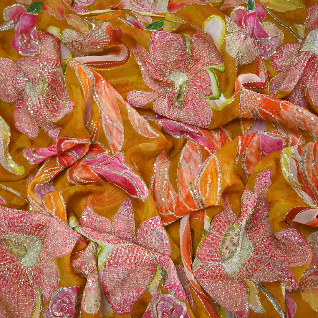 Elite Organza Position Print Fabric with Zari & Sequin Embroidery