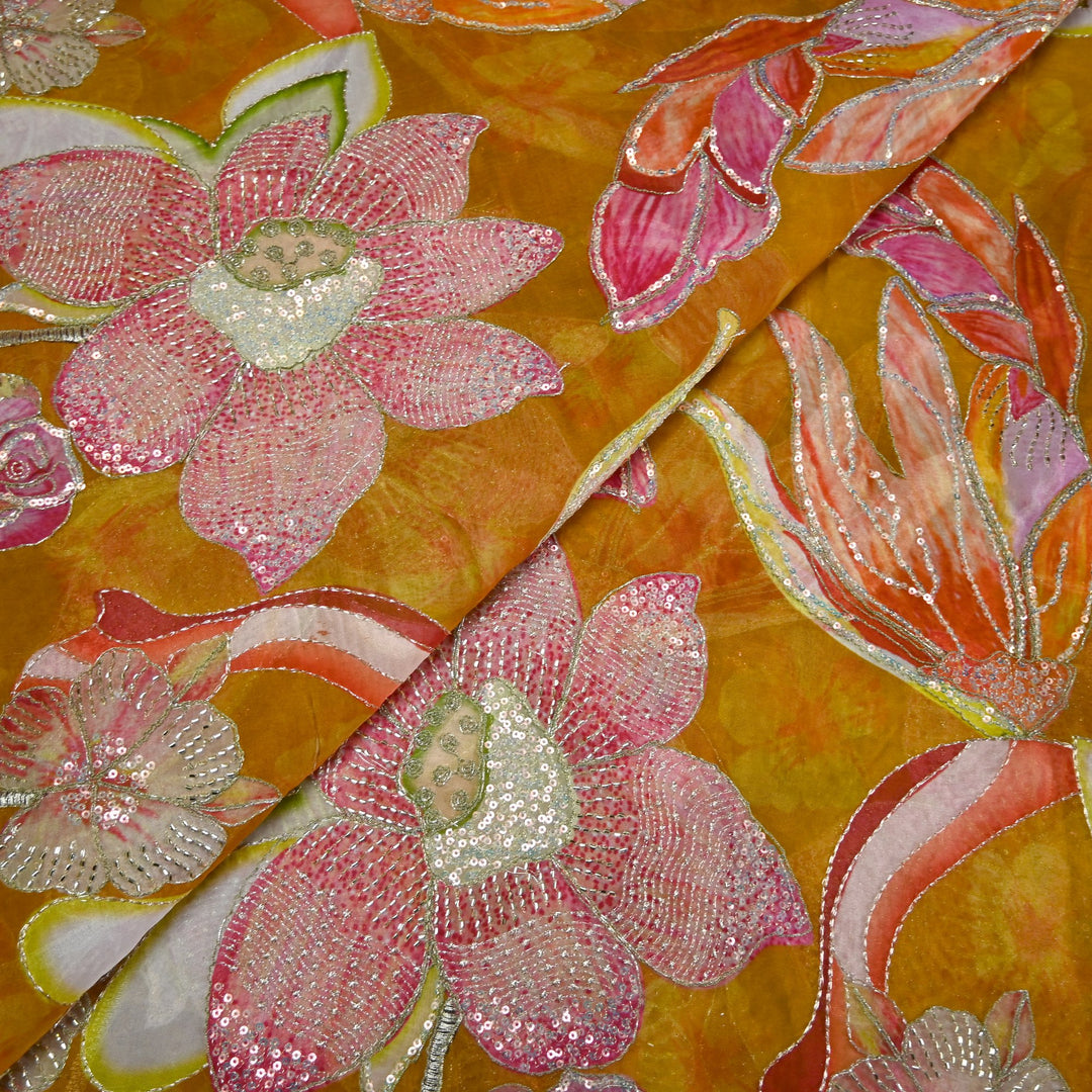 Elite Organza Position Print Fabric with Zari & Sequin Embroidery