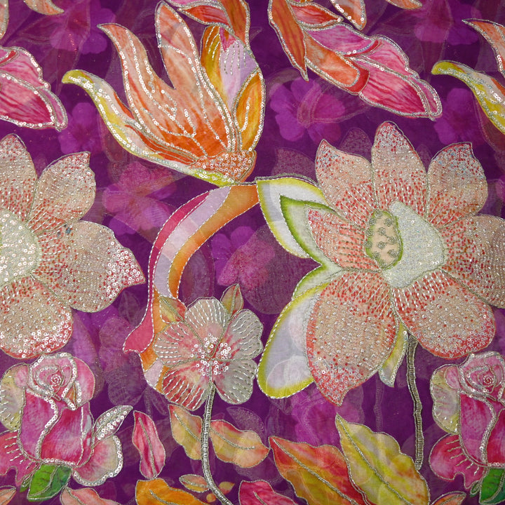 Elite Organza Position Print Fabric with Zari & Sequin Embroidery