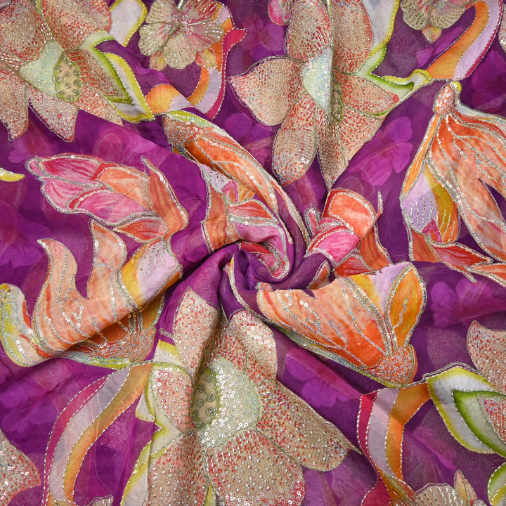 Elite Organza Position Print Fabric with Zari & Sequin Embroidery
