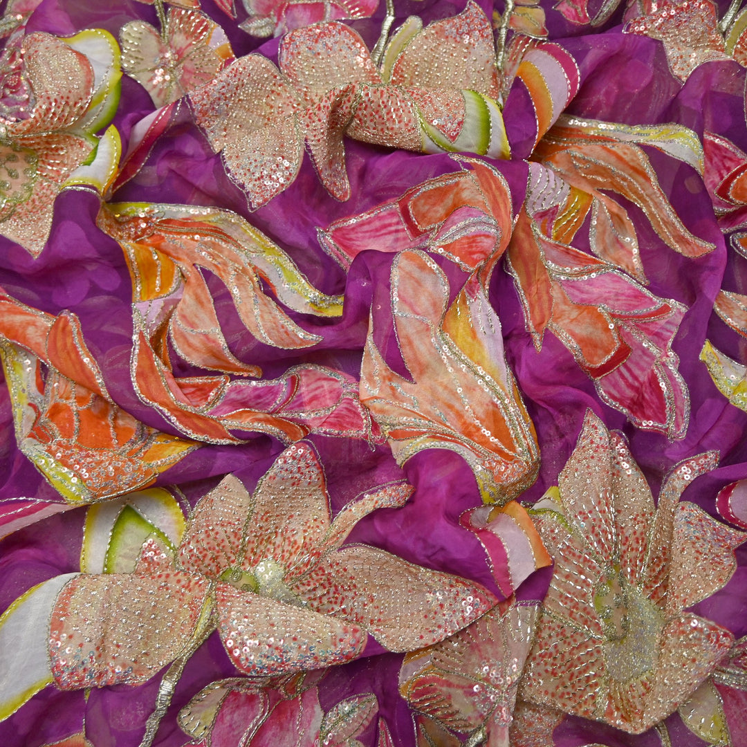 Elite Organza Position Print Fabric with Zari & Sequin Embroidery
