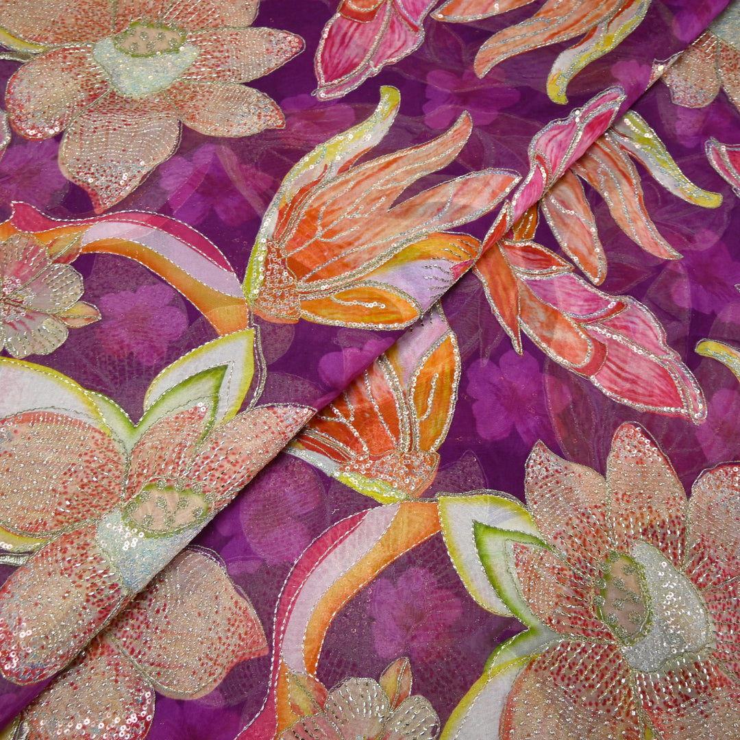 Elite Organza Position Print Fabric with Zari & Sequin Embroidery