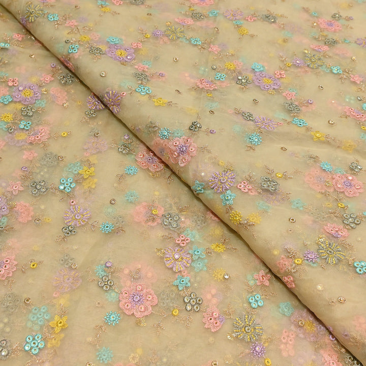 Premium Silk Organza Zari & Mirror Embroidery Fabric – Luxury Designer Organza Fabric  | V7870B-1