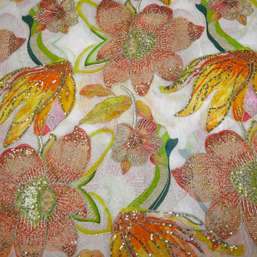 Elite Organza Position Print Fabric with Zari & Sequin Embroidery
