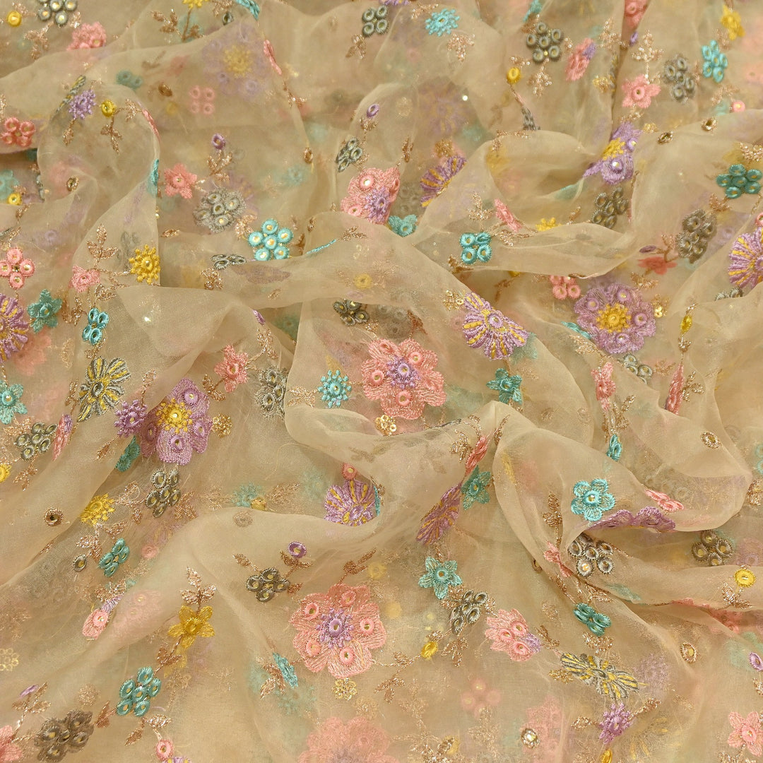 Premium Silk Organza Zari & Mirror Embroidery Fabric – Luxury Designer Organza Fabric  | V7870B-1