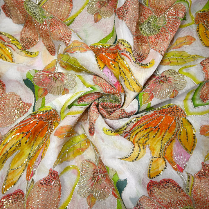 Elite Organza Position Print Fabric with Zari & Sequin Embroidery