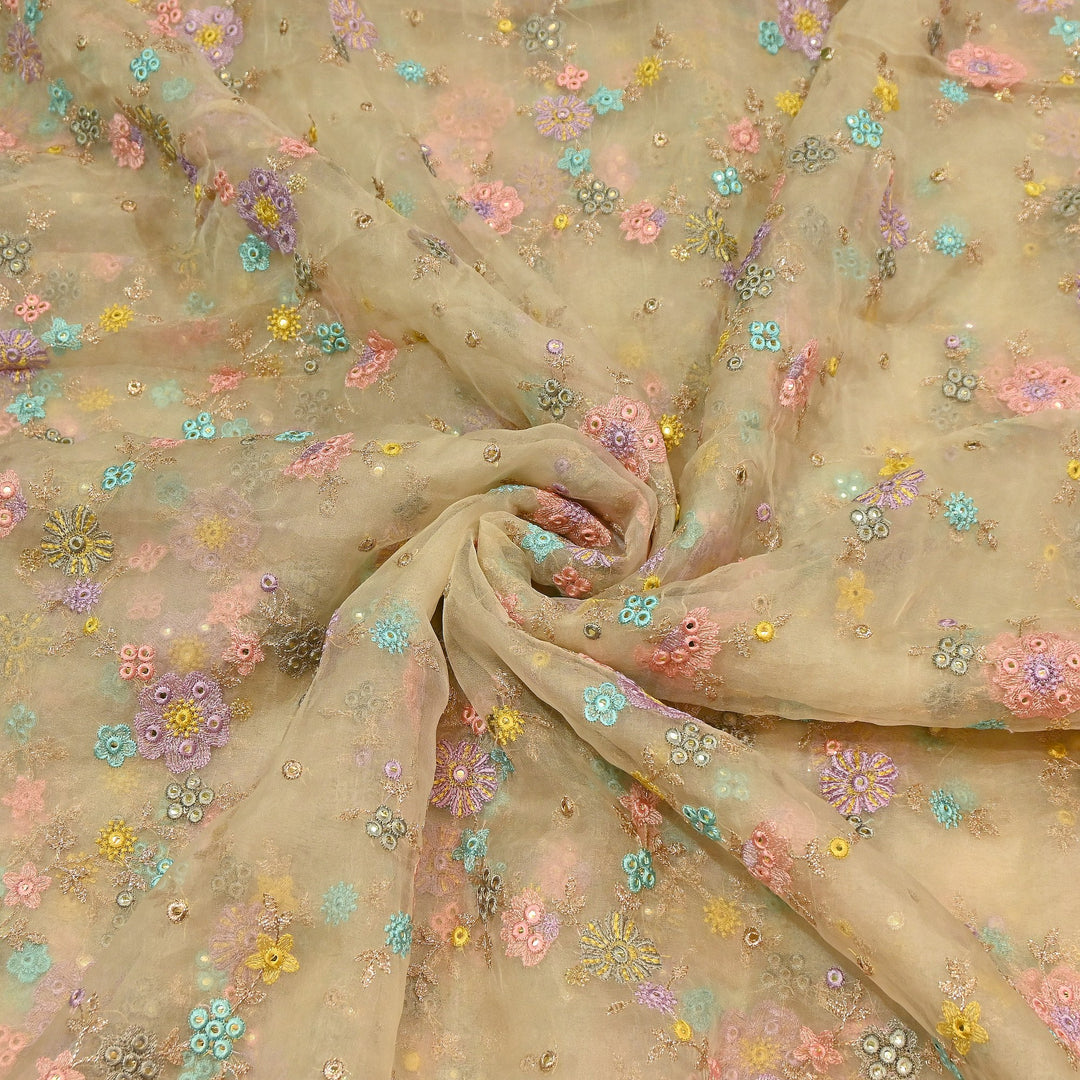 Premium Silk Organza Zari & Mirror Embroidery Fabric – Luxury Designer Organza Fabric  | V7870B-1