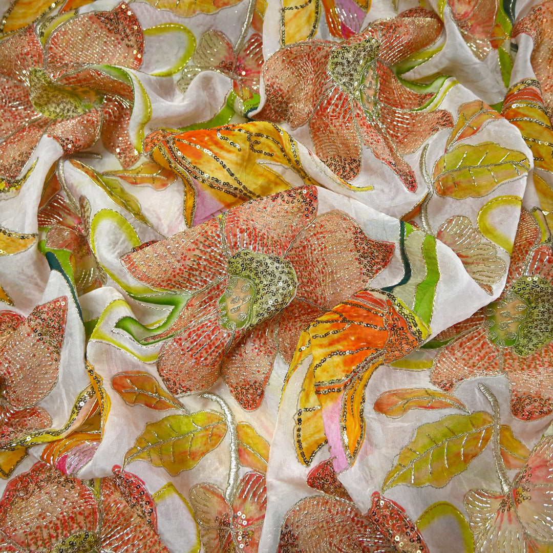 Elite Organza Position Print Fabric with Zari & Sequin Embroidery