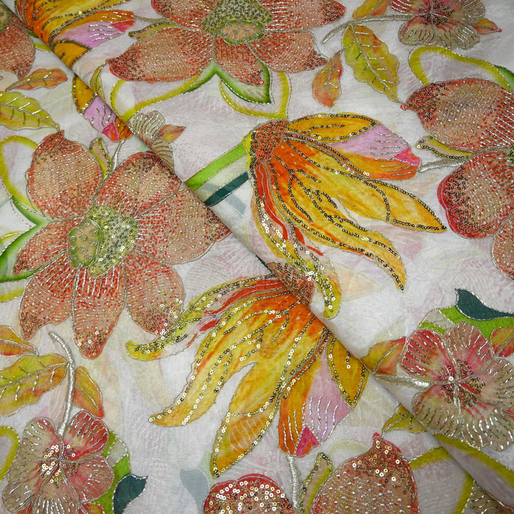 Elite Organza Position Print Fabric with Zari & Sequin Embroidery