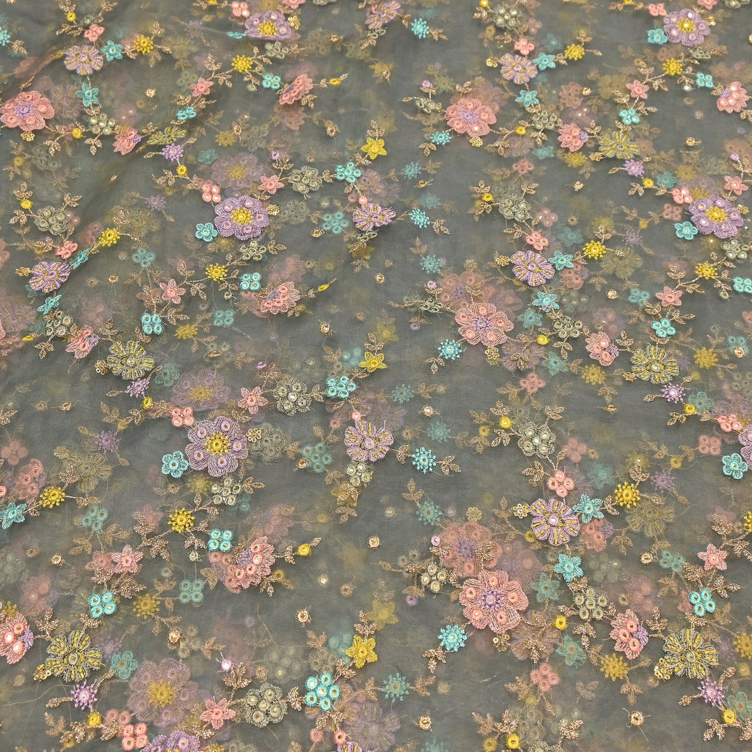 Premium Silk Organza Zari & Mirror Embroidery Fabric – Luxury Designer Organza Fabric  | V7870B-2