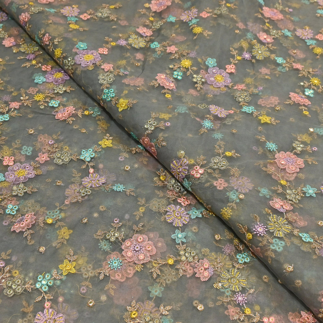 Premium Silk Organza Zari & Mirror Embroidery Fabric – Luxury Designer Organza Fabric  | V7870B-2